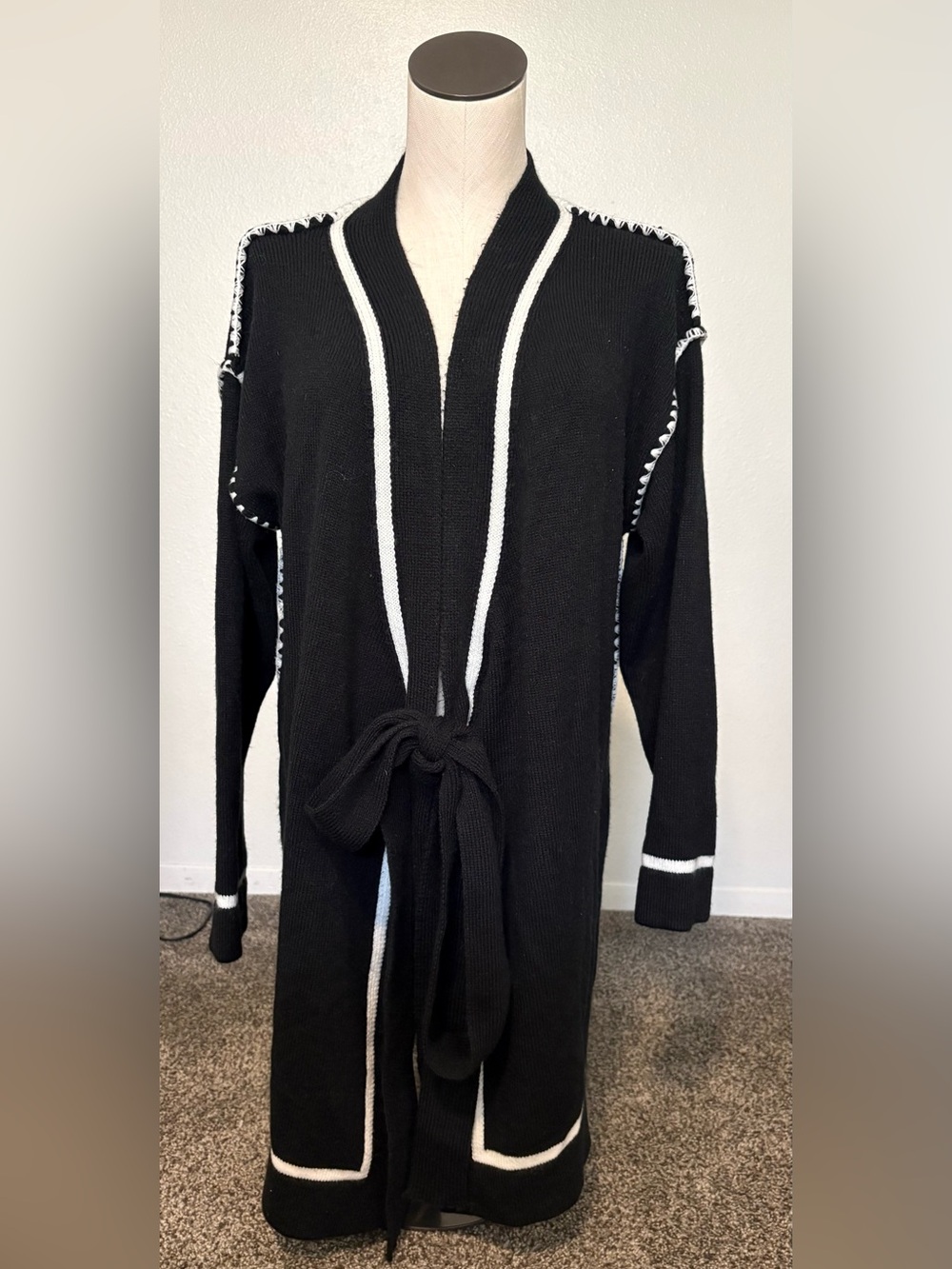 12th Tribe Black Cardigan with White Trim Tie-Waist